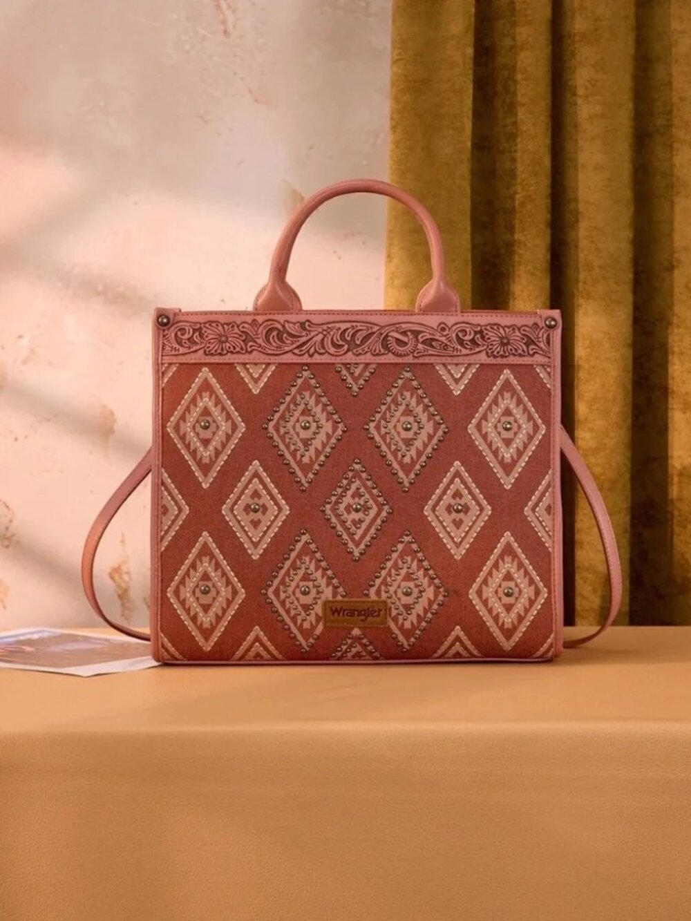 Wrangler Aztec Studded Denim Tote & Crossbody Bag- Pink